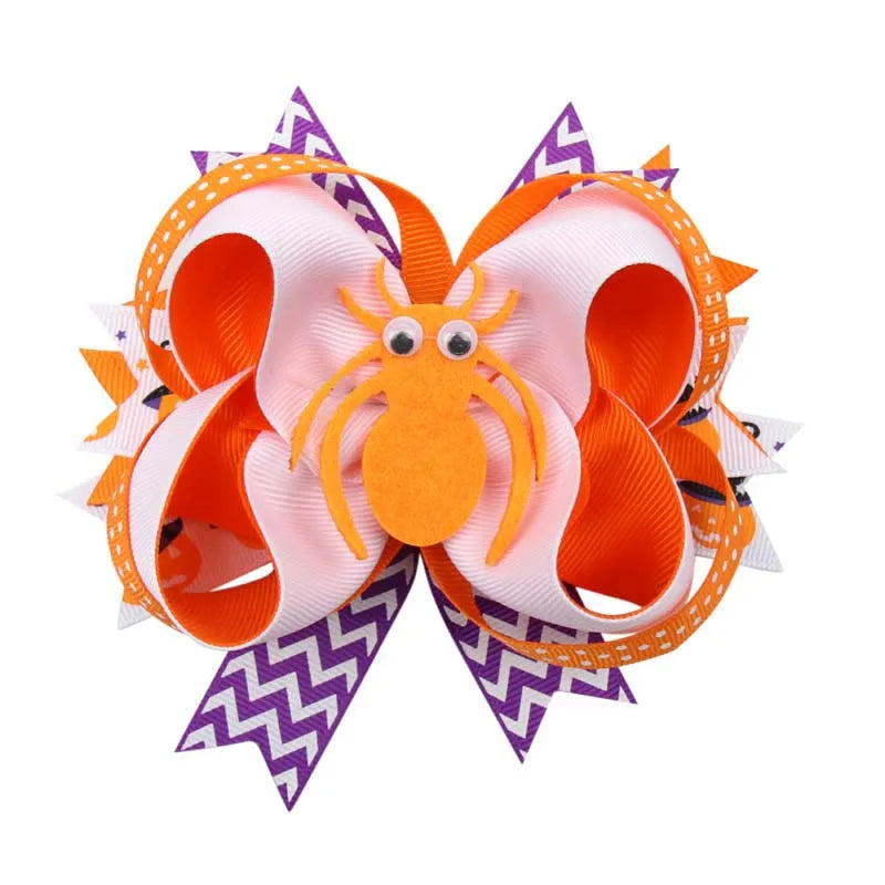 sengpan Multi-layer Swallow Tail Bow Hairpin Halloween Hair Clips for Girls Cute Pumpkin Spider Print Barrettes Hair Accessories