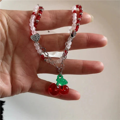 Lianfudai Y2K Strawberry Pendant Necklace Choker for Women Children Jewelry Imitation Pearl Neck Clavicle Chain Cute Accessories New