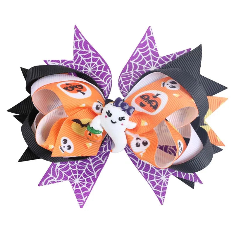 sengpan  Cute Ghost Pumpkin Ribbon Bow Hairpin for Girls Funny Spiderweb Print Bow Hair Clips Barrettes Halloween Hair Accessories