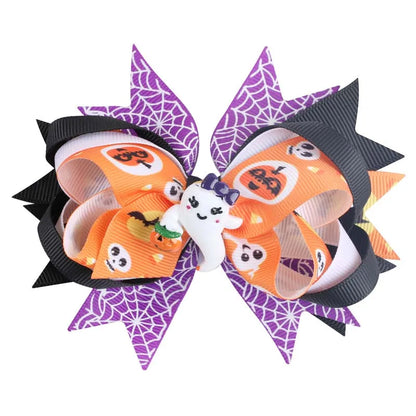 sengpan  Cute Ghost Pumpkin Ribbon Bow Hairpin for Girls Funny Spiderweb Print Bow Hair Clips Barrettes Halloween Hair Accessories