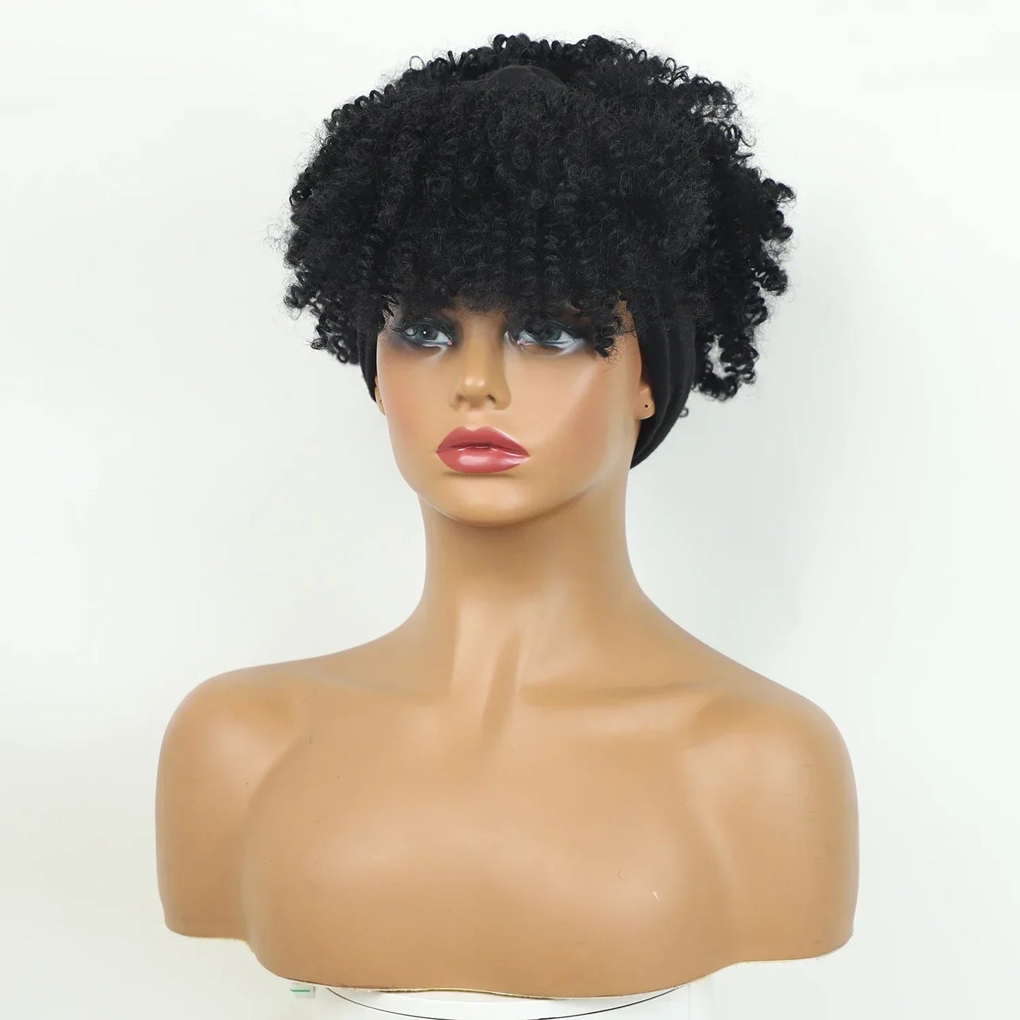 sengpan Short Kinky Curly Headband Wigs  Afro Puff Curly Headband Wig For Women Natural Synthetic Turban Wrap Wig  Cosplay Daily Use