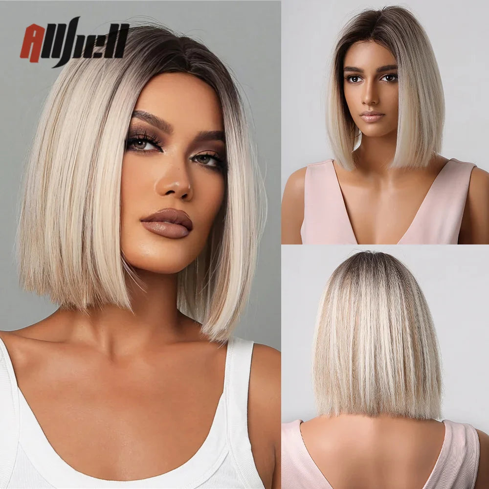 sengpan Short Brown Ombre Blonde Cosplay Wig Synthetic Straight Wigs for Black Women Heat Resistant Halloween Party Daily Natural Hair