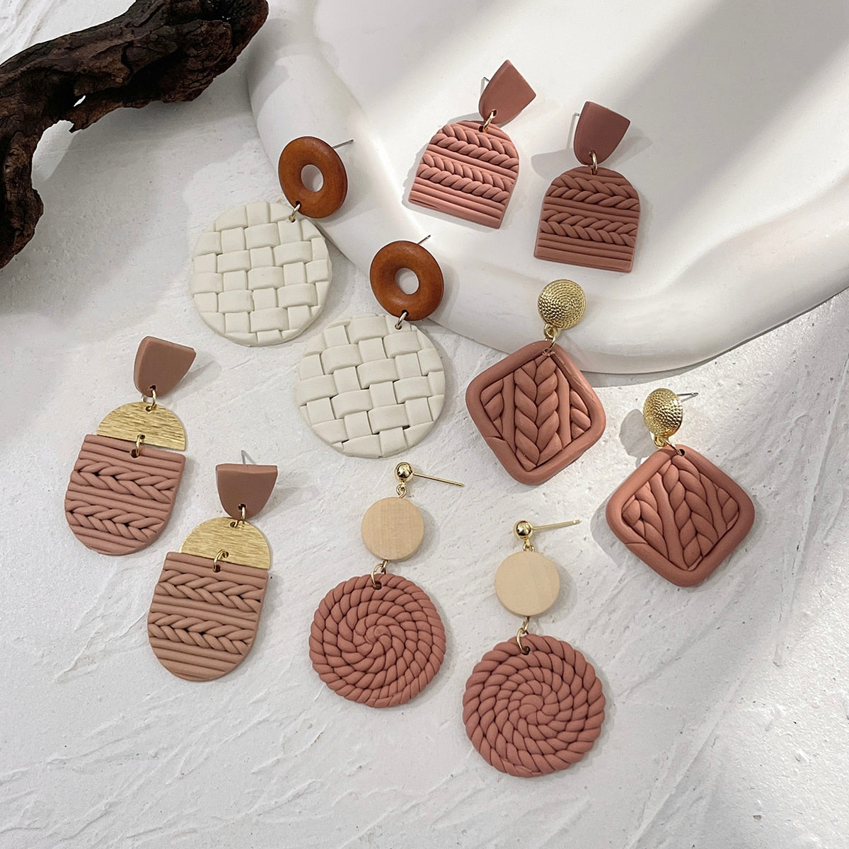 sengpan Multiple Handmade Braided Polymer Clay Round Circle Drop Earrings for Women Unique Sweet Clay Knit Geometric Earrings