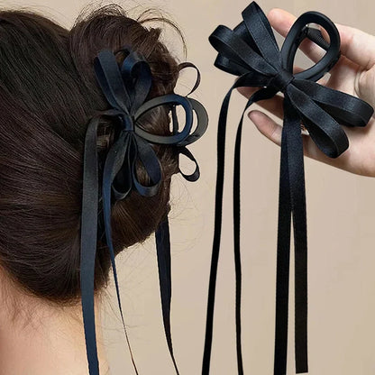 sengpan Black Bowknot Hair Claw Sweet Silk Ribbon Bow Hairpin Bang Clip Korean Girls Fashion Grab Clips Female Headwear Hair Accessories