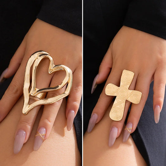 sengpan Exaggerated Sweet Cool Big Heart Cross Rings For Women Unisex Geometric Gold Silver Color Knuckle Joint Ring