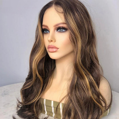 sengpan Soft Preplucked 26"Long 180Density Glueless Highlight Ombre Blonde Body Wave Lace Front Wig With BabyHair Heat Temperature Daily