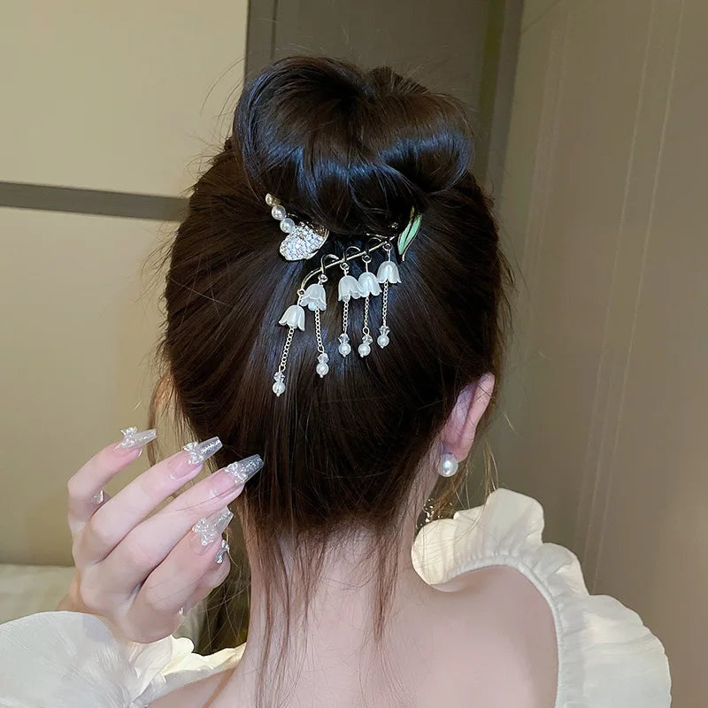 sengpan New Women Elegant Luxury Rhinestone Tassel Ponytail Hair Claws Lady Sweet Meatball Hair Clips Headband Fashion Hair Accessories