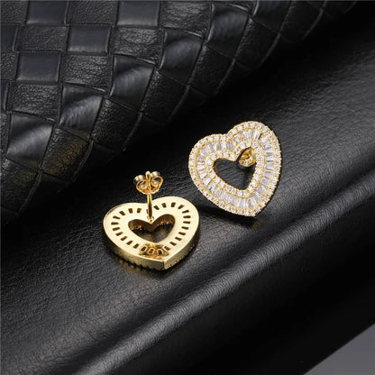 sengpan Hip Micro 1Pair Heart Shape Pave Baguette Cubic Zircon Stone Ice out Stud CZ Earring Bling Copper Earrings For Women Men Jewelry