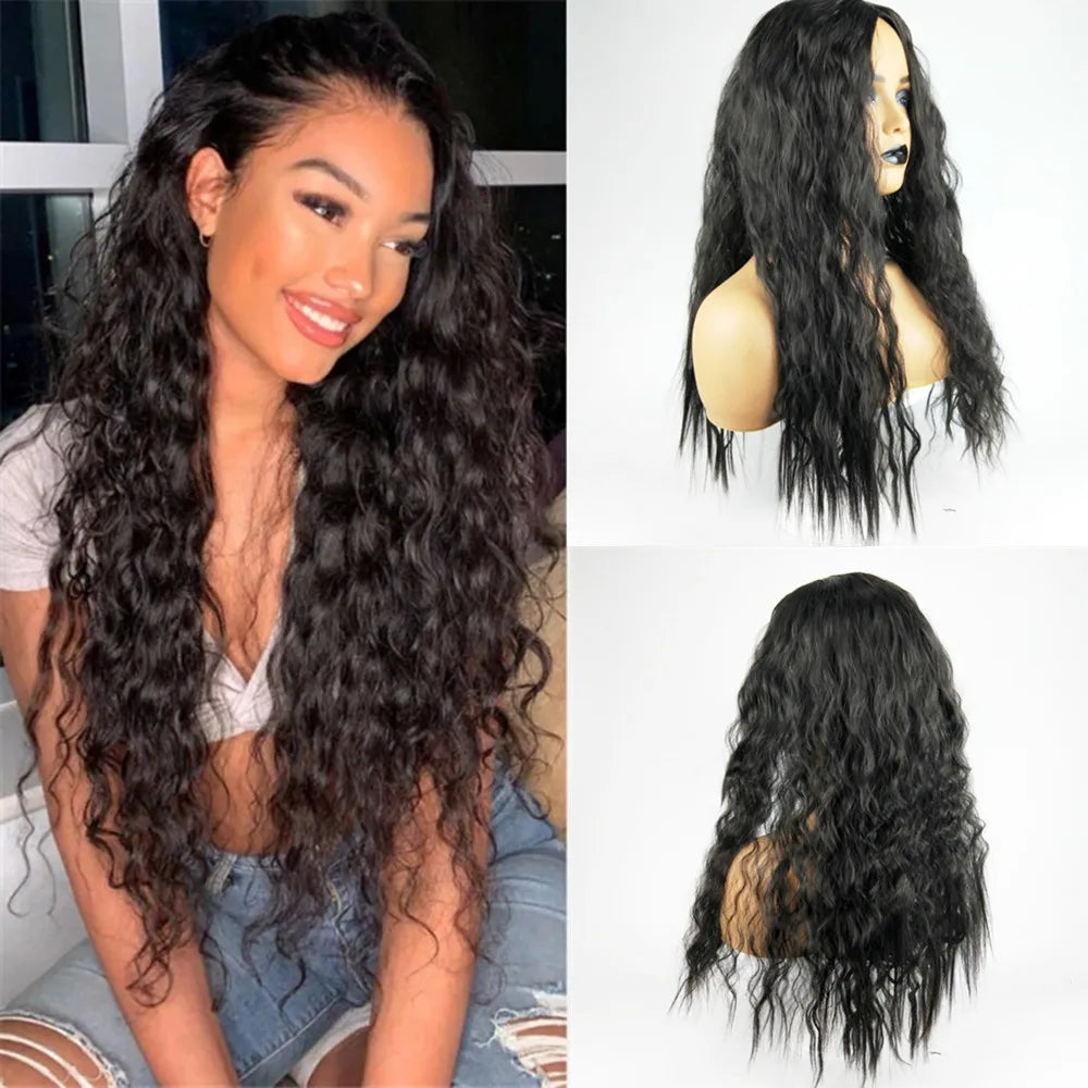 sengpan 68cm Black Long Curly Corn Wig African Wave Full Head Cover Headgear Hair Extension for Women Girls Wig