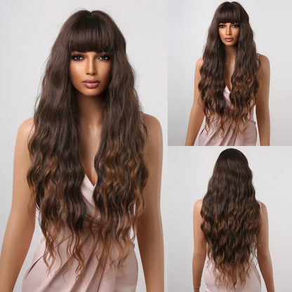 sengpan  Brown Highlight Long Wave Wigs for Women Synthetic Wig with Bangs Ombre Mixed Color Natural Looking Hair for Daily