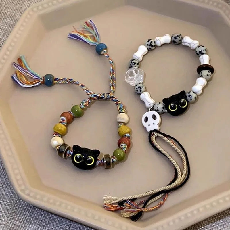 sengpan 2PCS Tassels Big Eye Cat Bracelets for Women Men Sweet Cool Skull Ceramic Beaded Bracelet Aesthetic Party Jewelry Accessories