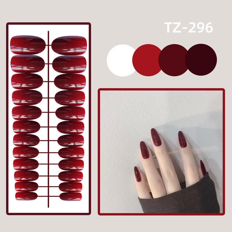 sengpan 24Pcs/Set Long Round Head Bright Solid Color Press On Acrylic Nail Art Fake Nails Finished Wearing Manicure Reusable False Nails