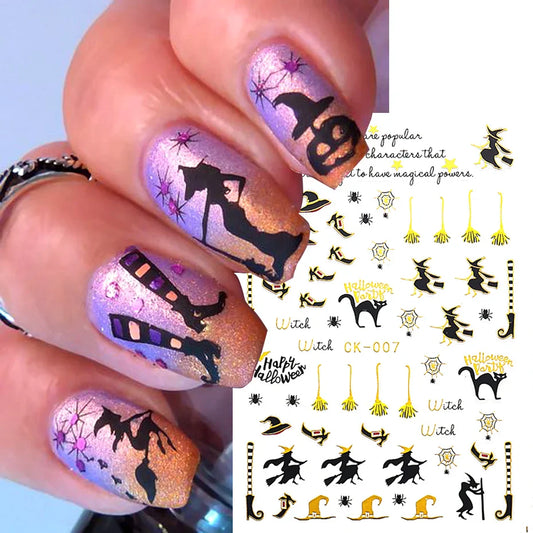 sengpan Embossed 3D Witches Nails Stickers Gold Black Witche Broom Boots Relief Design DIY Halloween Dark Style Manicure Decal CK-007