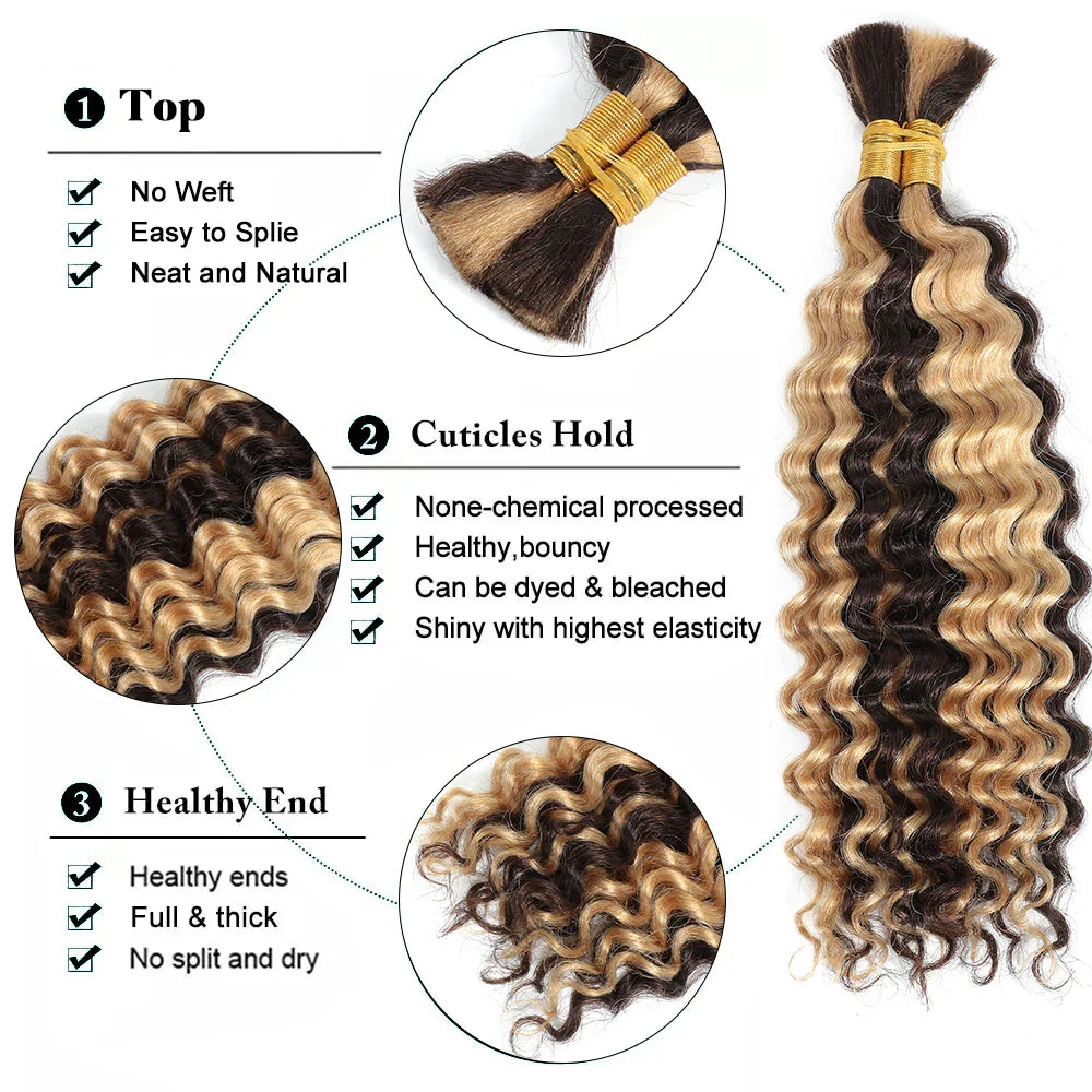 sengpan Human Braiding Hair 1 Bundle 20 Inch Human Hair Bundles for Braiding Highlight P4/27 Color Deep Wave Bulk Human Hair Bundles