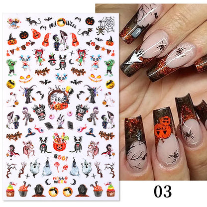 sengpan 3D Skull Pumpkin Head Bat Nail Stickers Nail Supplies Nail Sliders Halloween Stickers Nail Decorations Nail Decals