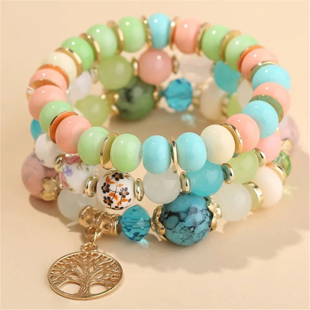 sengpan  Bohemian White Crystal Beads Strand Bracelets For Women Girls Ethnic Tree Of Life Charm Wrap Bracelet Pulseira Feminina