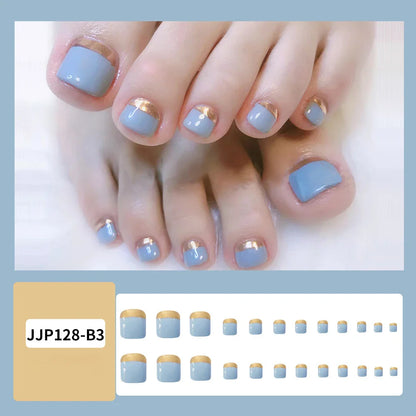 sengpan Flow Chocolate Design Artificial Toenails Glossy Fashion Toe Fake Nails with Glue Wearable Short Flat Shape Fake Toenails