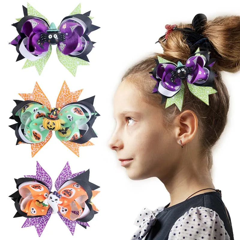 sengpan  Cute Ghost Pumpkin Ribbon Bow Hairpin for Girls Funny Spiderweb Print Bow Hair Clips Barrettes Halloween Hair Accessories