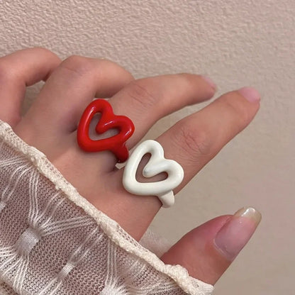 Lianfudai Y2K Colorful Enamel Heart Sweet Rings Trendy Geometric Dripping Oil for Women Girls Funny Y2K Chunky Jewelry Summer NEW