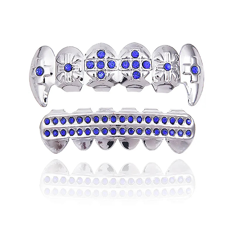 sengpan 18k Electroplated Double Row Zircon Hip-Hop Braces Men Women Halloween Tiger Teeth Vampire Dentures Pointed Decoration