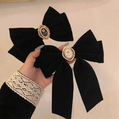 sengpan New Black Velvet Bow Hair Pins Elegant Fabric Alloy Roses Hair Clips for Women Fashion Ponytail Barrette Headwear Accessories