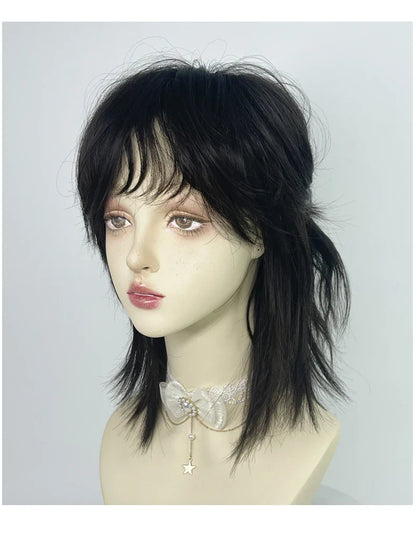 sengpan Mullet Head Wig Short Synthetic Straight Black Fluffy Natural Wolf Tail Hair Men and Women Wig for Daily Party Cosplay