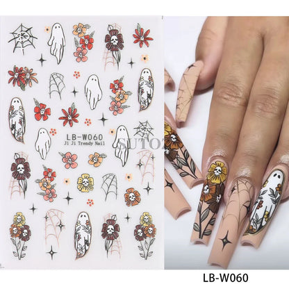 sengpan 5D Embossed Ghost Nail Art Stickers Halloween Cartoon Pumpkin Skull Nail Decals Spider Web Daisy Sliders For Manicure NTJI-5D131