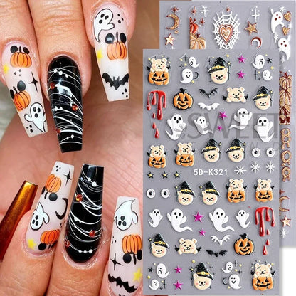 sengpan 5D Halloween Ghost Pumpkin Embossed Nail Stickers Decals Spider Web Clown Bone Nail Art Gel Sliders Design Manicure Decorations