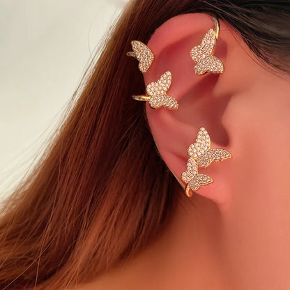 sengpan Zircon Butterfly Ear Cuffs Earrings Golde Color Plated Metal Piercing Cartilage Clips Earrings for Women Wedding Jewelry