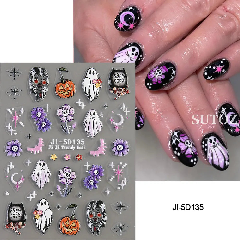 sengpan 5D Embossed Ghost Nail Art Stickers Halloween Cartoon Pumpkin Skull Nail Decals Spider Web Daisy Sliders For Manicure NTJI-5D131