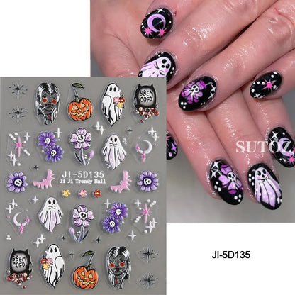 sengpan 5D Embossed Ghost Nail Art Stickers Halloween Cartoon Pumpkin Skull Nail Decals Spider Web Daisy Sliders For Manicure NTJI-5D131