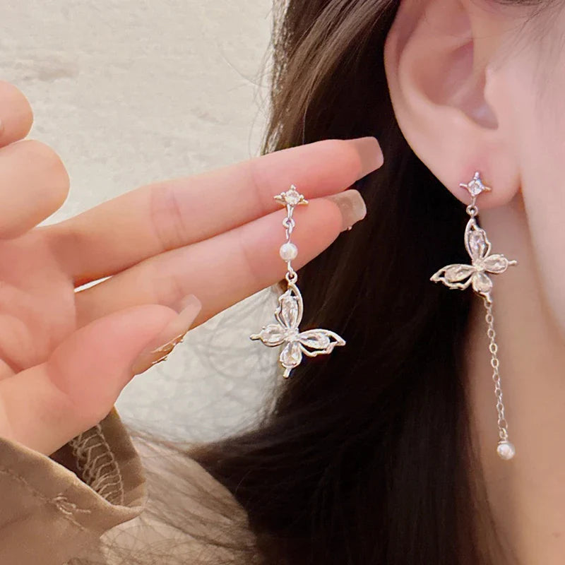 sengpan New Pattern Korean Elegant Cute Rhinestone Butterfly Dangle Earrings for Women Girls Luxury Crystal Tassels Chain Jewelry Gifts