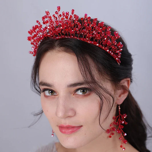 sengpan Trendy Red Crystal Bridal Crown Wedding Hair Accessories for Woemn Headdress Party Jewelry Bride Headpiece Tiara Bridal Headwear