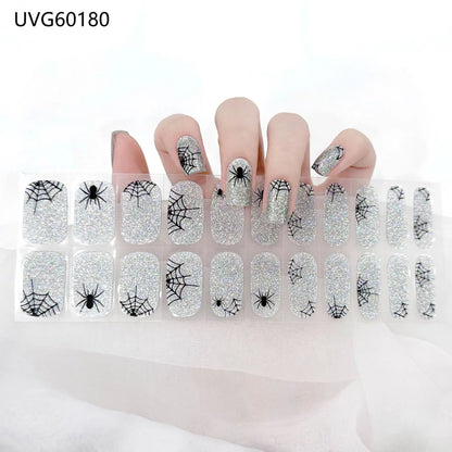 Lianfudai 2024 Halloween Semi-cured UV Gel Nail Stickers Pumpkin Skull Full Cover Gel For UV Lamp Gel Nail Strips Press On Nail Decal