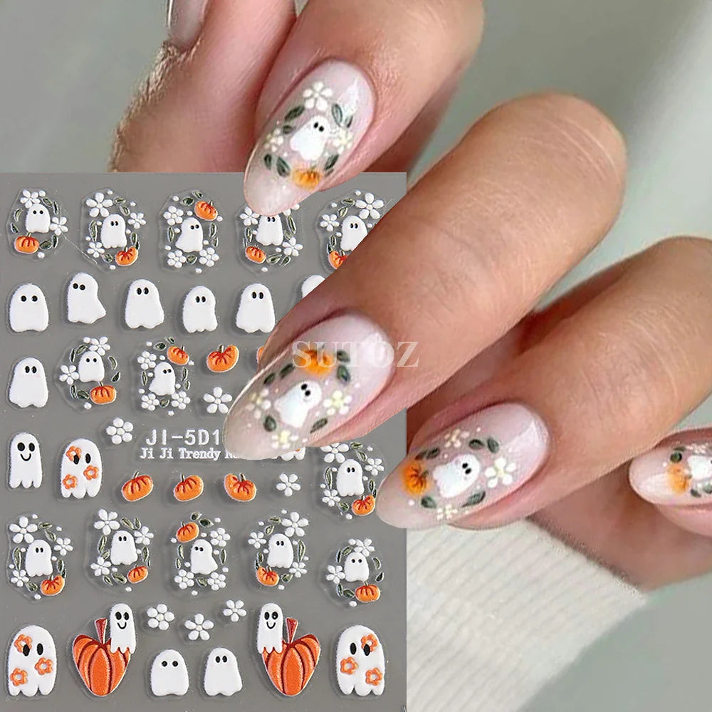 sengpan 5D Ghost Halloween Nail Art Stickers Cartoon Pumpkins Skulls Flowers Nail Decals Y2K Halloween Self-Adhesive Manicure Deco JI-5D