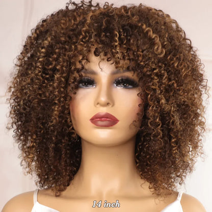 sengpan Big Curly Wig With Bangs Short Human Hair Afro Kinky Curly Wig Brown Color Glueless Full Machine Made Wig 250 Density Brazilian