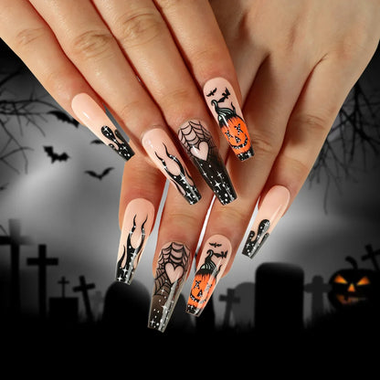 sengpan 24P/Set Halloween Fake Nails Art Ghost Face Pumpkin Spooky Designer Girls Party Press on Nail Tips Wearable Stick on Nails False