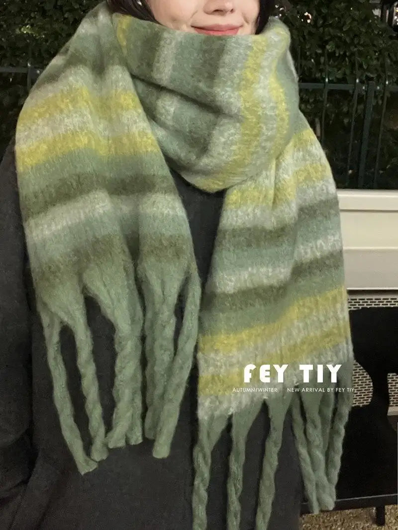 sengpan Retro Imitation Cashmere Scarf Winter Women Fashion Green Mohair Striped Scarves Korean Classic Thicken Warm Soft Shawl