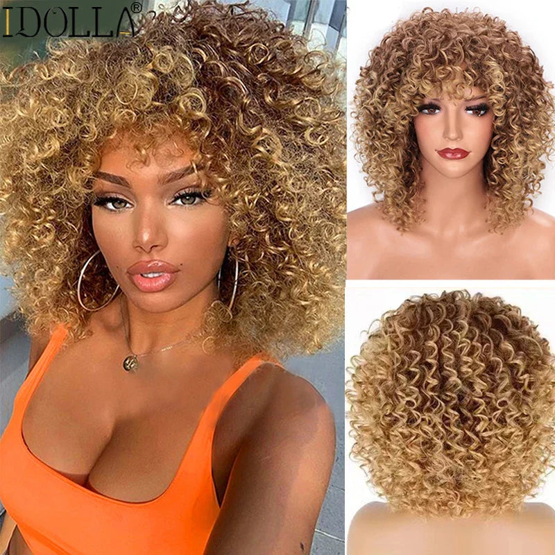 sengpan Short Curly Blonde Wig Synthetic Afro Kinky Curly Wig With Bangs For Black Women Natural Ombre Blonde Cosplay Wig