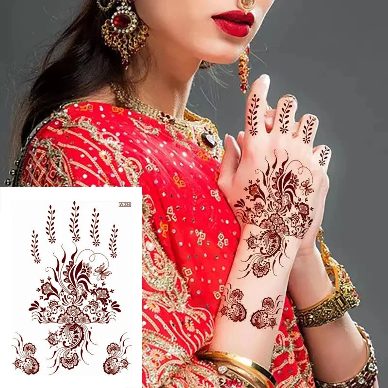 sengpan Brown Henna Temporary Tattoos for Women Henna Design Stickers for Hand Neck Body Art for Wedding Flora Hena Tattoo Waterproof