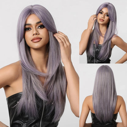 sengpan Ombre Synthetic Straight Cosplay Women Hair Platinum Blonde to Black Hair Long Layered Natural Wigs with Bangs for White Women