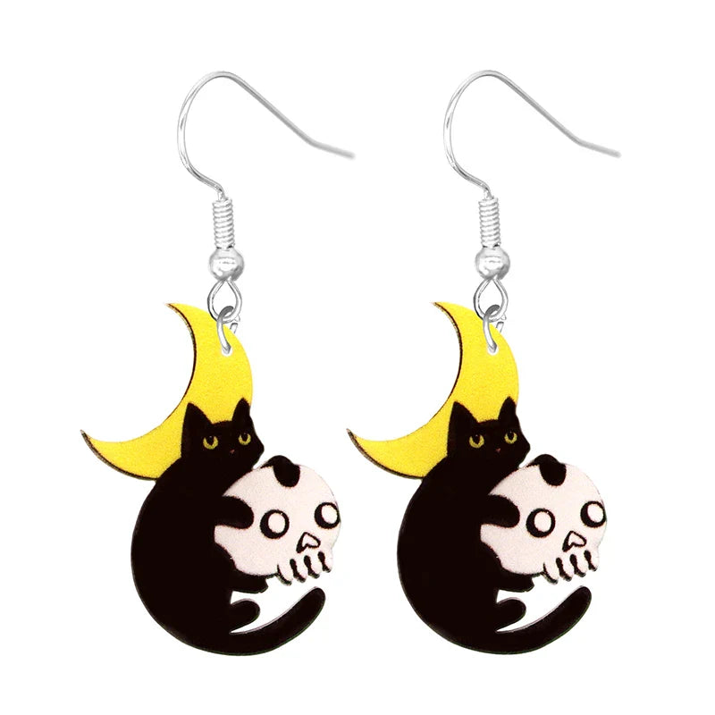 sengpan Halloween Earrings Cute Cartoon Cat Crow UFO Bat Design Dangle Earrings Acrylic Jewelry Versatile Accessories