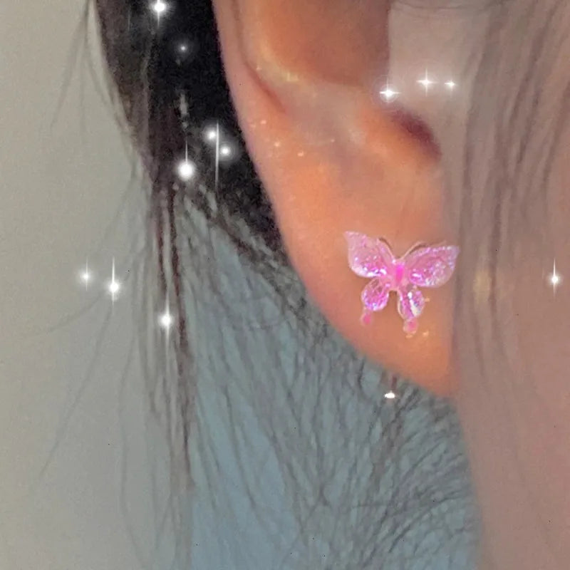 sengpan 6pcs/Set Y2k Butterfly Stud Earrings for Women Girl Korean Acrylic Color Shiny Butterfly Earrings Set Sweet Trendy Jewelry Gift