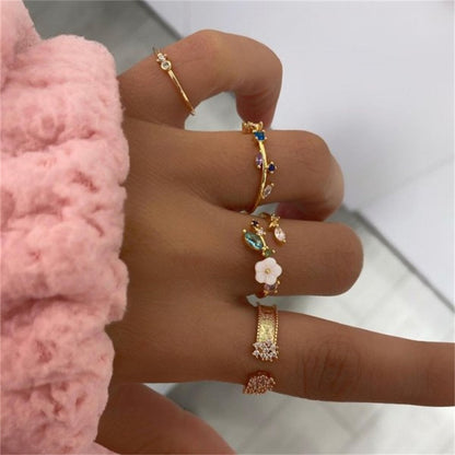 sengpan Bohemian Gold Color Butterfly Rings Set For Women Fashion Shiny Crystal Geometric Flower Knuckle Finger Ring Jewelry Adjustable