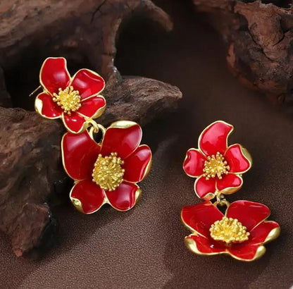 Lianfudai New Retro Flower Red and White Earrings Necklace Set