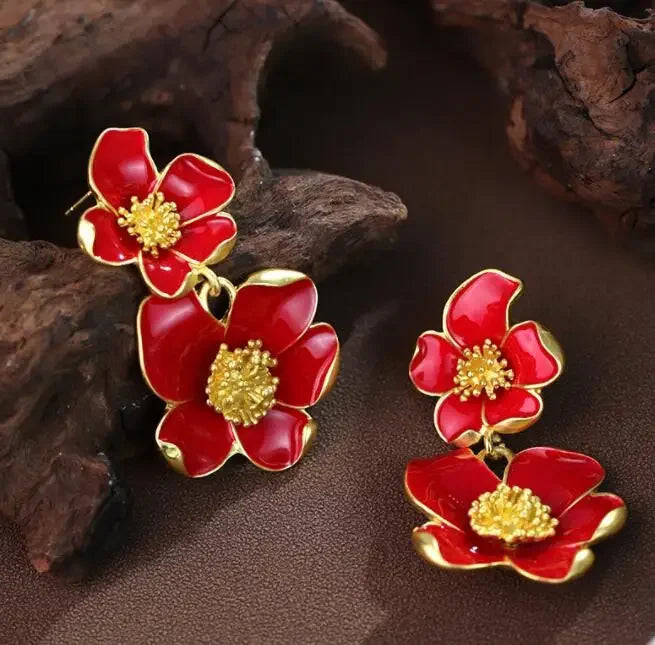 sengpan New Retro Flower Red and White Earrings Necklace Set