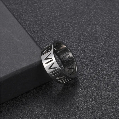 sengpan 8MM Stainless Steel Inoxidable Vintage Roman Numberss Cutting Letters Ring Temperament Couple Rings For Men Women Jewelry Gifts