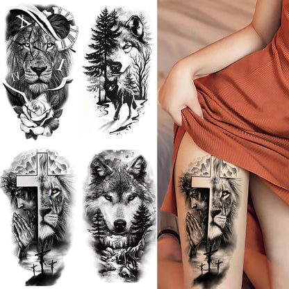 sengpan Large Arm Sleeve Tattoo Lion Tiger Black Waterproof Temporary Tatoo Sticker Wild Wolf Tiger Men Full Skull Totem Fake Tattoos