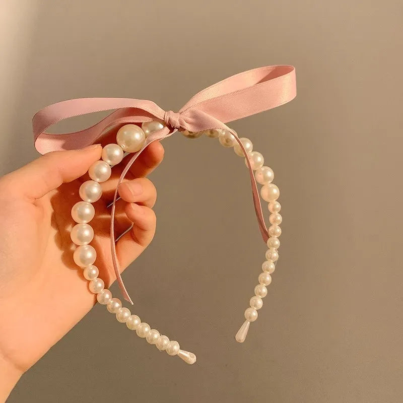 sengpan Pink Satin Pearl Hair Band Korean Girl Bow Ribbon Sweet Temperament Headband Hair Hoop Headwear for Women Jewelry Accessories