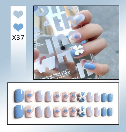 sengpan 24Pcs French With Drill Short Fake Nails Press On Nail Tips Artificial Full Cover Cute Bow Wearing False Nails Art Free Shipping